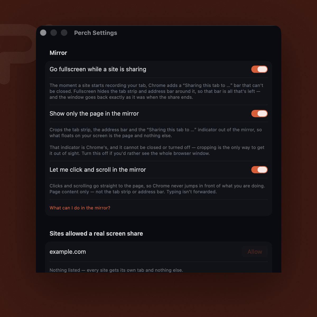 Perch's settings window: toggles for going fullscreen while a site is sharing, showing only the page in the mirror, and letting clicks and scrolls through.