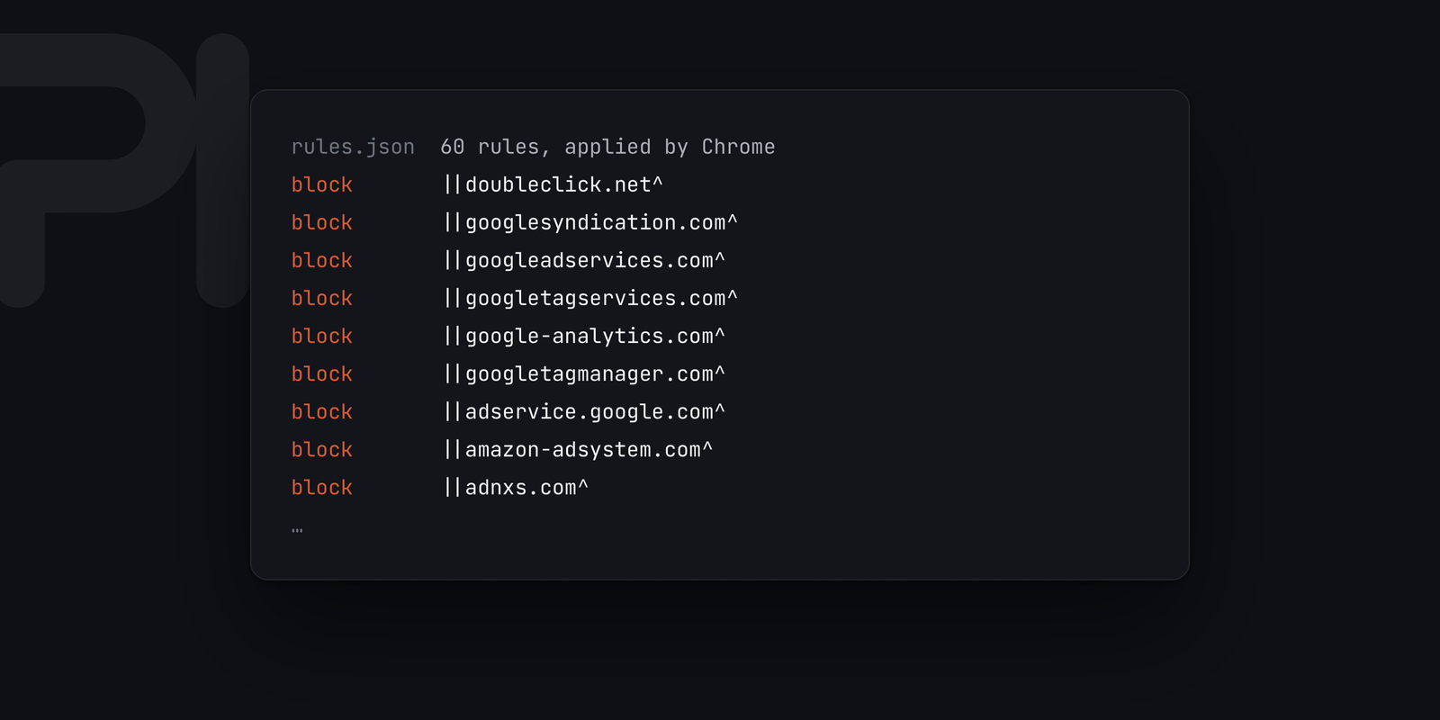 Sodium has no interface. Its rules.json — 60 network rules Chrome applies itself, blocking doubleclick.net, googlesyndication.com and the rest before a request is made.