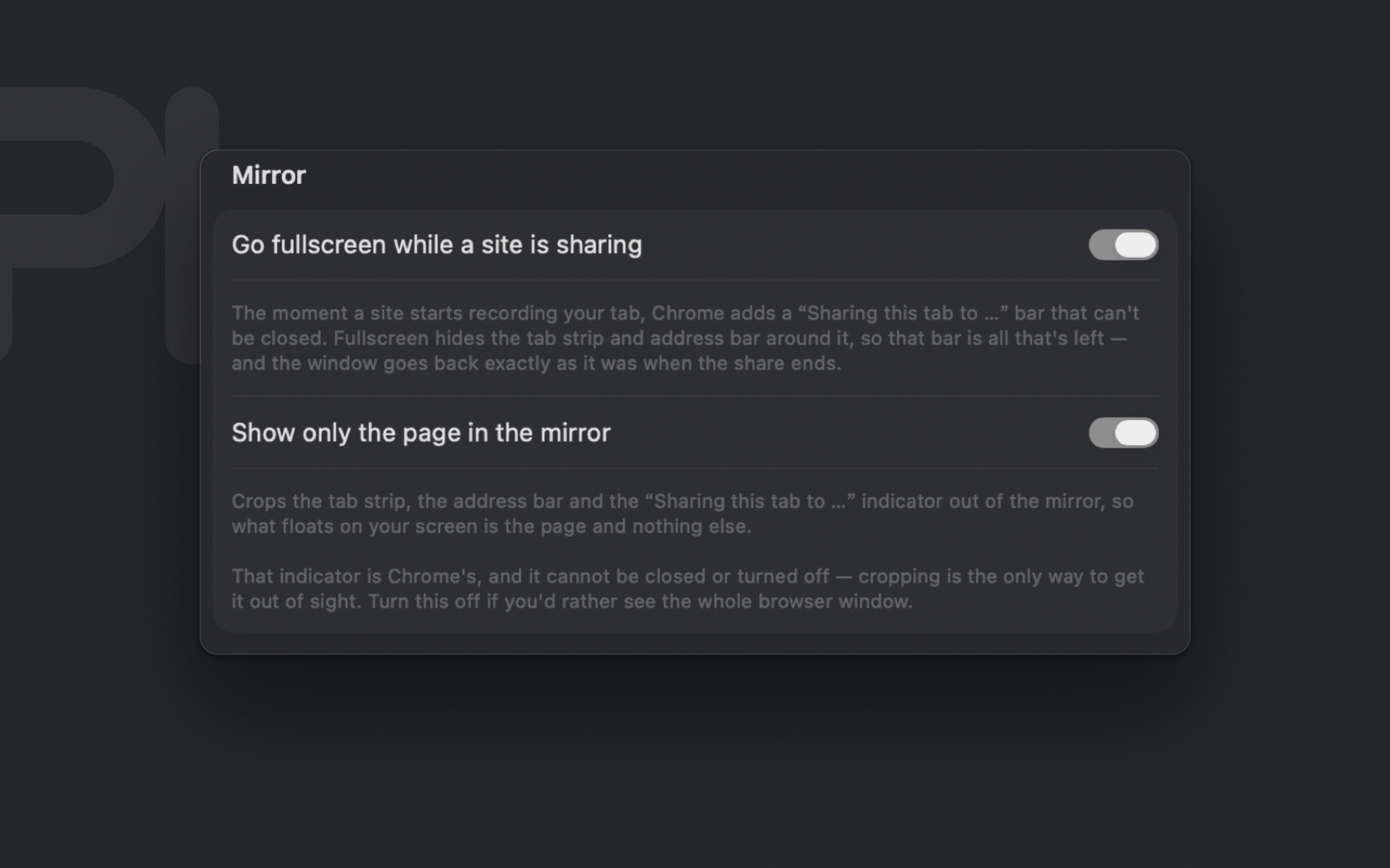 Perch's Mirror settings: go fullscreen while a site is sharing, and show only the page in the mirror — both on, with the explanation of what each one crops.