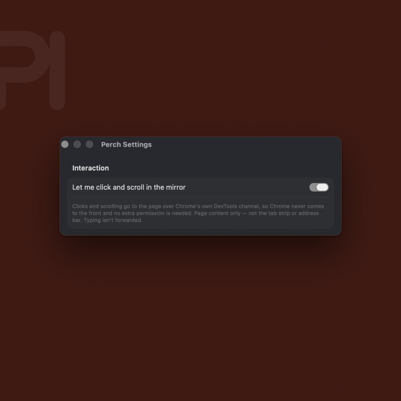 Perch's settings window: the Interaction section, with clicks and scrolling in the mirror switched on.